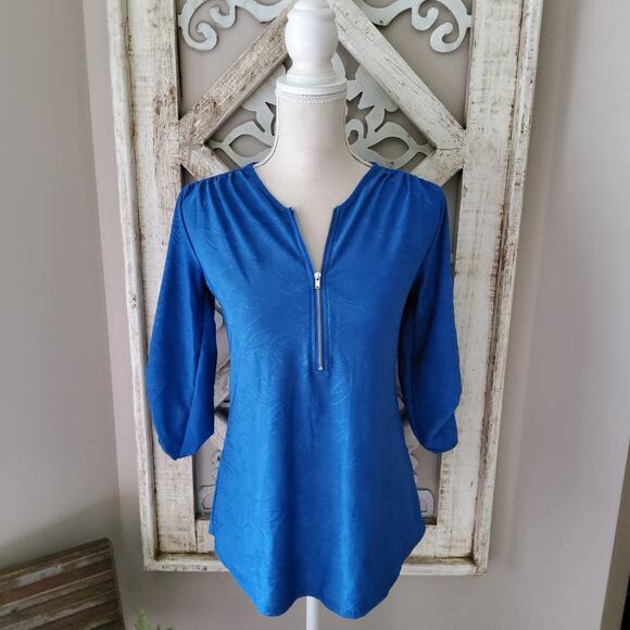 NY Collection Women's Roll Tab Sleeve Zip Jacquard Sequin Blouse Top in Blue - Picture 2 of 9